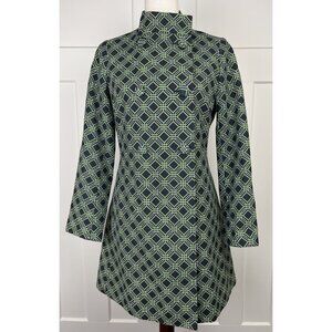 Banana Republic XS Trench Coat Green Navy Geo Print Double Breasted Preppy EUC
